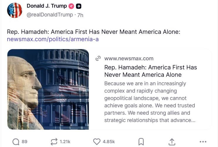 Trump shares article on Hamadeh's visit to Azerbaijan