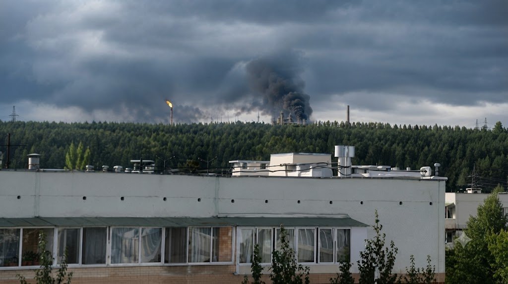Area with damaged facilities after a UAV attack in the city of Nizhnekamsk