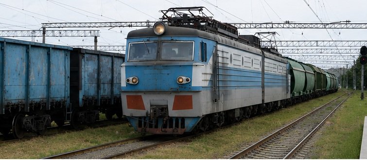 Freight train carrying cargo along railway tracks