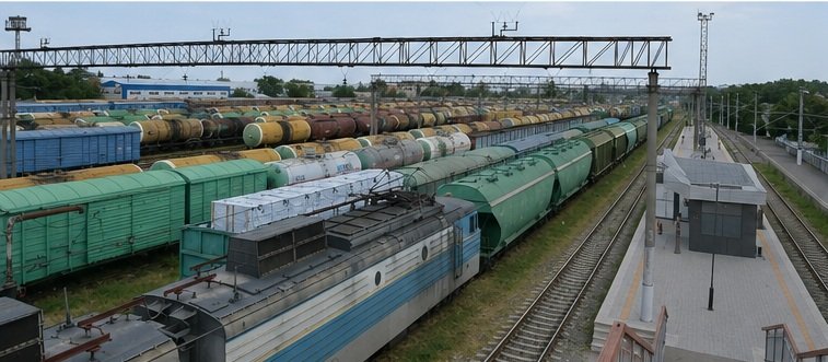 Freight train carrying cargo along railway tracks