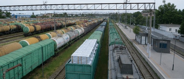 Freight train carrying cargo along railway tracks