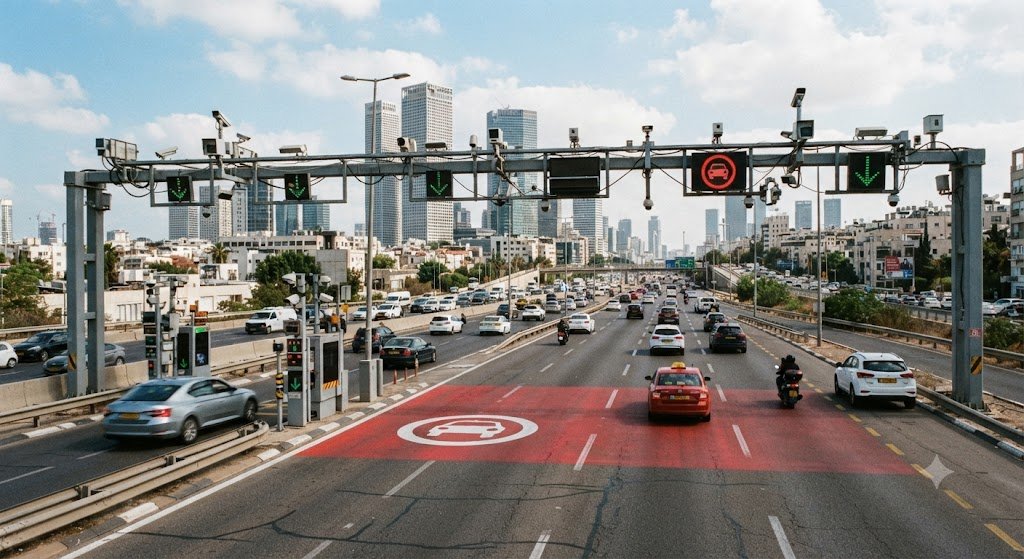 Tel Aviv city skyline and highway traffic