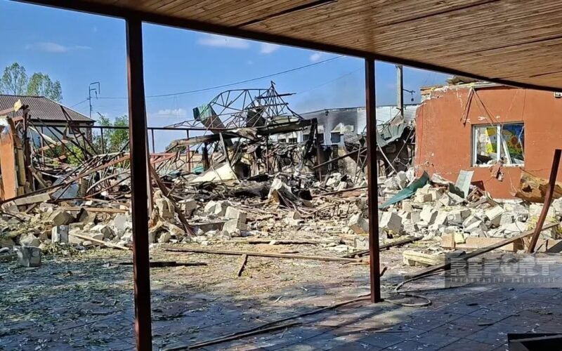 Destroyed restaurant building after a drone attack