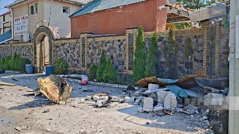Destroyed restaurant building after a drone attack