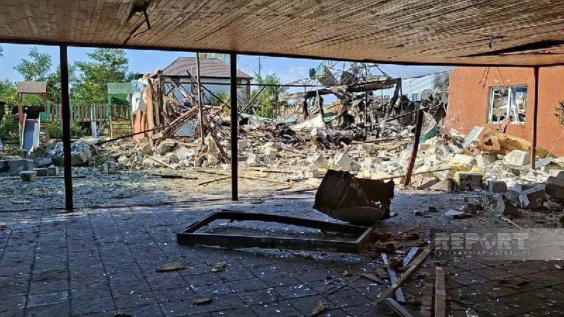 Destroyed restaurant building after a drone attack