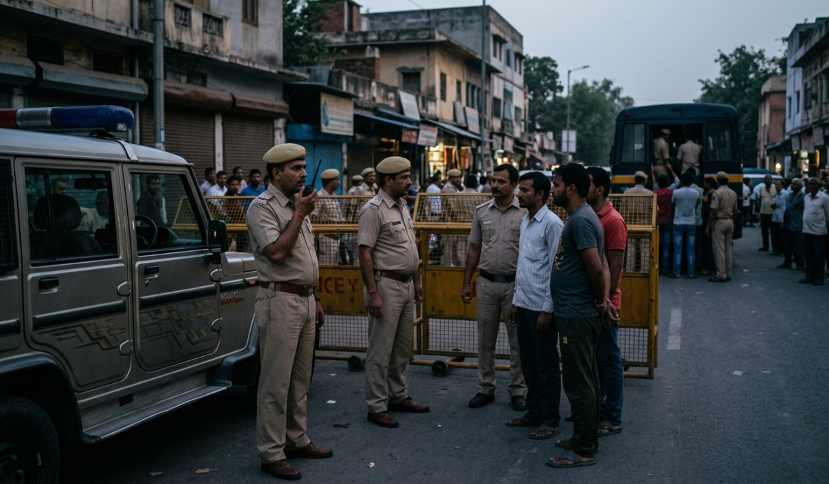 Indian police officers on security detail in New Delhi ahead of the BRICS summit.