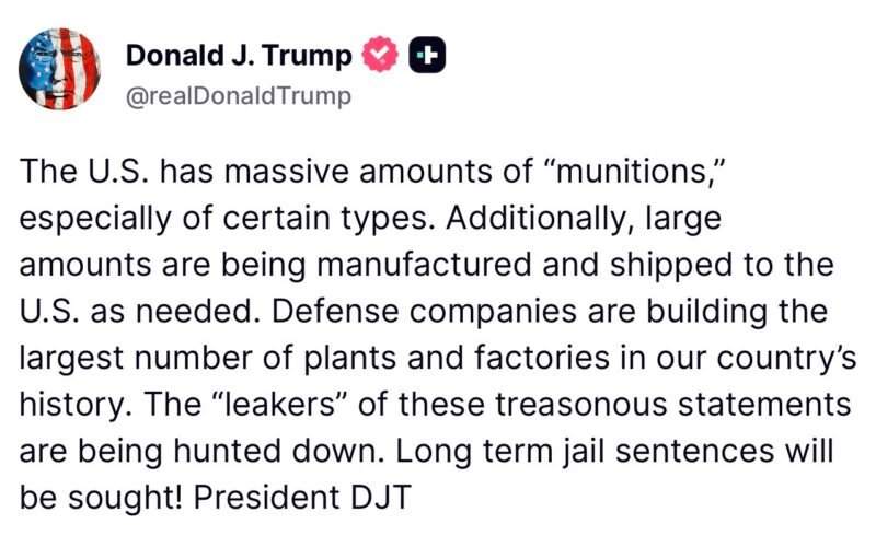 US President Donald Trump speaking about defense and ammunition stockpiles