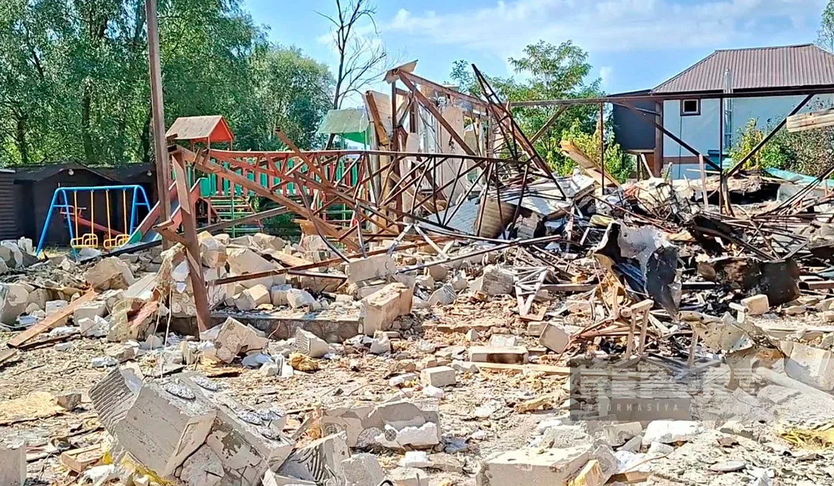 Destroyed restaurant building after a drone attack
