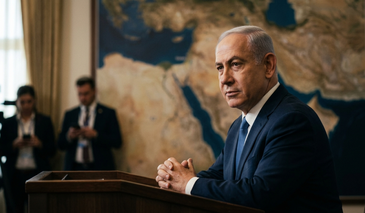 Israeli Prime Minister Benjamin Netanyahu speaking at an official press briefing
