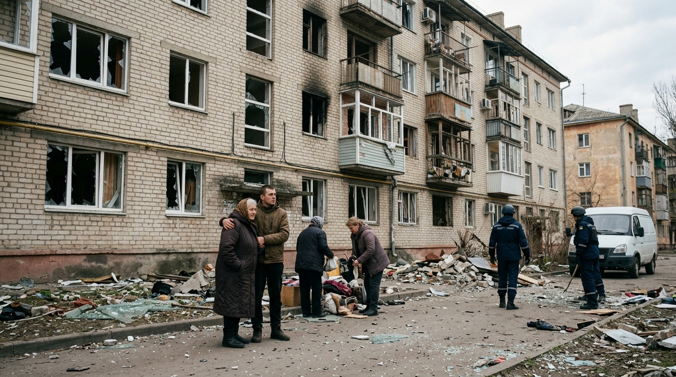 Destroyed buildings and the aftermath of shelling in a residential area