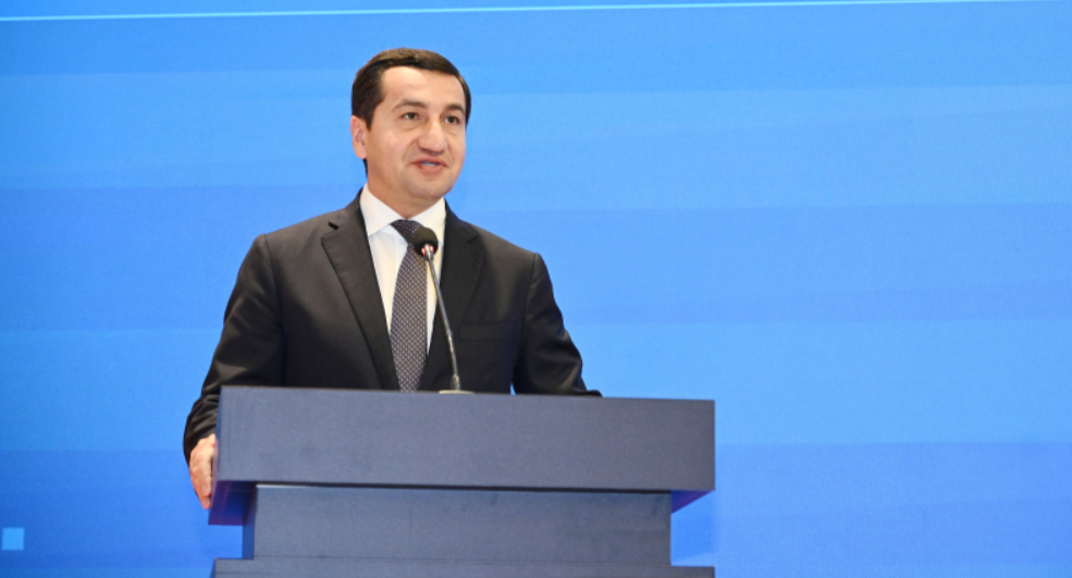 Hikmet Hajiyev giving an interview on Azerbaijan's foreign policy and regional security
