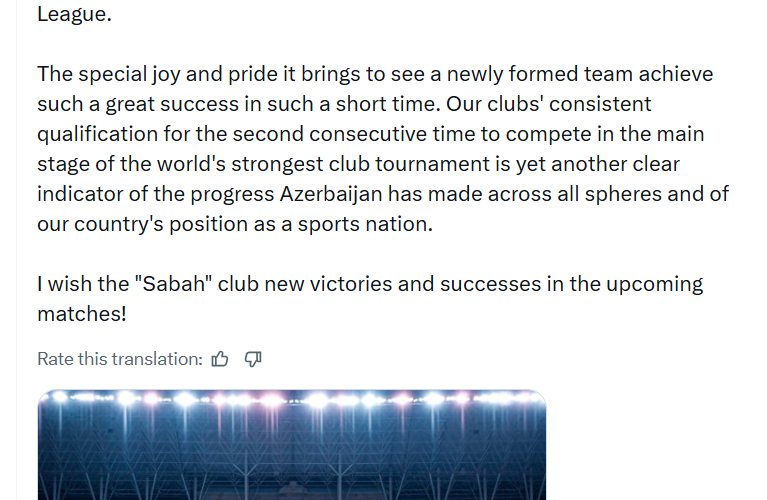 Prezident İlham Əliyev "Sabah" futbol klubunu təbrik edib