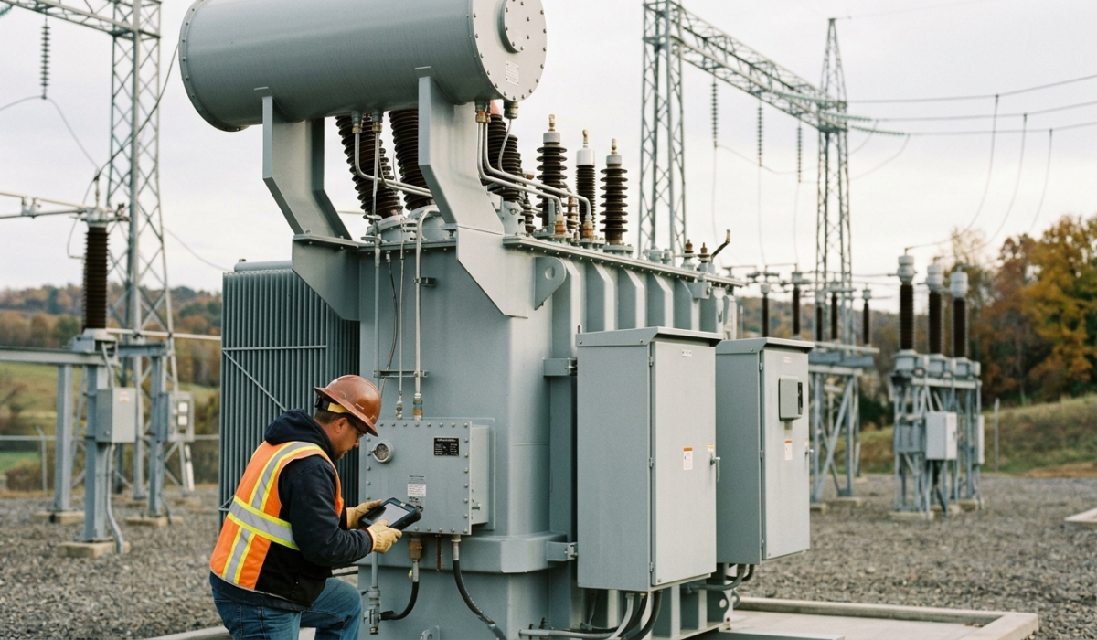 Electrical transmission lines and a transformer station representing US energy infrastructure.