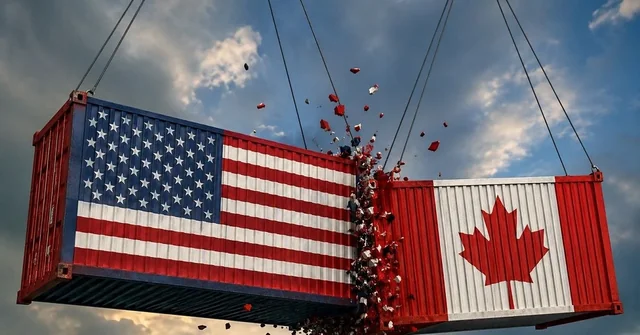 US and Canadian flags against the backdrop of trade scales